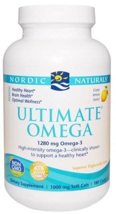 Ultimate Omega, Lemon Flavor, 1000 mg, 180 Soft Gels by Nordic Naturals, 補充劑，efa omega 3 6 9（epa dha），dha HK 香港