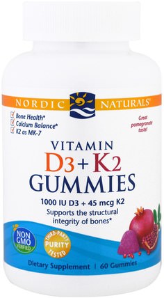 Vitamin D3 + K2 Gummies, Pomegranate, 60 Gummies by Nordic Naturals, 維生素，維生素D3 HK 香港