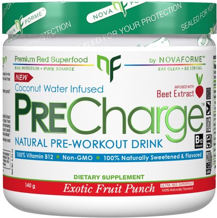 PreCharge Natural Pre-Workout Drink, Exotic Fruit Punch, 140 g by NovaForme, 運動，鍛煉，肌肉 HK 香港