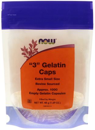 3 Gelatin Caps, Extra Small Size, 1000 Empty Gelatin Capsules by Now Foods, 補充劑，空膠囊，空膠囊3 HK 香港