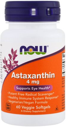 Astaxanthin, 4 mg, 60 Veggie Softgels by Now Foods, 補充劑，抗氧化劑，蝦青素，類胡蘿蔔素 HK 香港