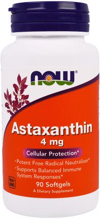 Astaxanthin, 4 mg, 90 Softgels by Now Foods, 補充劑，抗氧化劑，蝦青素，類胡蘿蔔素 HK 香港