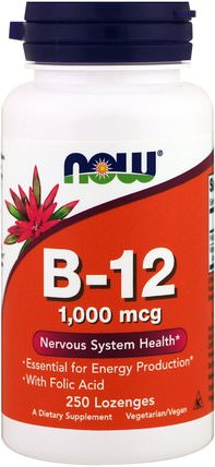 B-12, 1.000 mcg, 250 Lozenges by Now Foods, 維生素，維生素b，維生素b12，維生素b12 - cyanocobalamin HK 香港