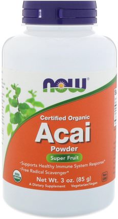 Certified Organic Acai Powder, 3 oz (85 g) by Now Foods, 補充劑，抗氧化劑，水果提取物，超級水果，巴西莓果汁提取物 HK 香港