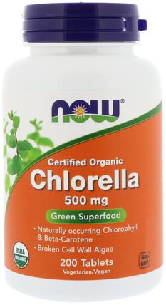 Certified Organic Chlorella, 500 mg, 200 Tablets by Now Foods, 補品，超級食品，有機小球藻 HK 香港