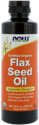 Certified Organic Flax Seed Oil, 12 fl oz (355 ml) by Now Foods, 補充劑，efa omega 3 6 9（epa dha），亞麻油，亞麻油液體 HK 香港