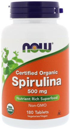 Certified Organic Spirulina, 500 mg, 180 Tablets by Now Foods, 補充劑，螺旋藻 HK 香港