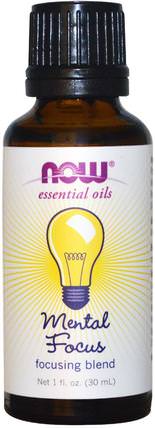 Essential Oils, Mental Focus, 1 fl oz (30 ml) by Now Foods, 健康，注意力缺陷障礙，添加，adhd，腦，浴，美容，芳香療法精油 HK 香港