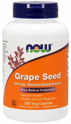 Grape Seed, Standardized Extract, 100 mg, 200 Veg Capsules by Now Foods, 補充劑，抗氧化劑，葡萄籽提取物 HK 香港