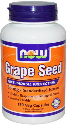 Grape Seed, Standardized Extract, 60 mg, 180 Veg Capsules by Now Foods, 補充劑，抗氧化劑，葡萄籽提取物 HK 香港