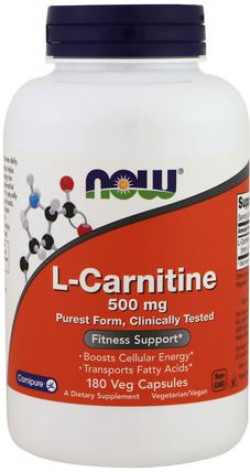 L-Carnitine, 500 mg, 180 Veg Capsules by Now Foods, 補充劑，氨基酸，左旋肉鹼 HK 香港