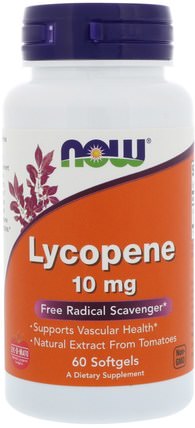 Lycopene, 10 mg, 60 Softgels by Now Foods, 補充劑，抗氧化劑，番茄紅素，類胡蘿蔔素 HK 香港