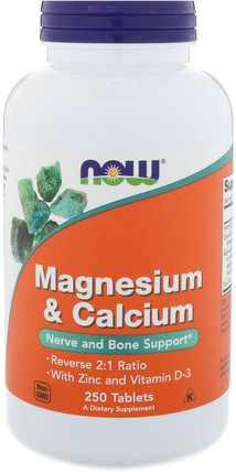 Magnesium & Calcium, Reverse 2:1 Ratio with Zinc and Vitamin D-3 250 Tablets by Now Foods, 補充劑，礦物質，鈣和鎂 HK 香港