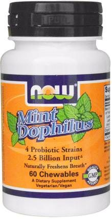 Mint Dophilus, 60 Chewables by Now Foods, 補充劑，益生菌，冰冷藏產品 HK 香港