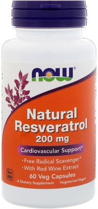 Natural Resveratrol, 200 mg, 60 Veg Capsules by Now Foods, 補充劑，抗氧化劑，白藜蘆醇 HK 香港