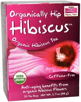 Organic Real Tea, Organically Hip Hibiscus, Caffeine-Free, 24 Tea Bags, 1.7 oz (48 g) by Now Foods, 食物，涼茶，芙蓉 HK 香港