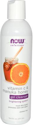 Solutions, Gel Cleanser, Vitamin C & Manuka Honey, 8 fl oz (237 ml) by Now Foods, 美容，面部護理，潔面乳，麥盧卡蜂蜜護膚品 HK 香港