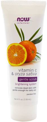 Solutions, Gentle Scrub, Vitamin C & Oryza Sativa, 4 fl oz (118 ml) by Now Foods, 美容，面部護理，洗面奶，面部去角質 HK 香港