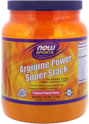 Sports, Arginine Power Super Stack, Tropical Punch Flavor, 2.2 lbs. (1 kg) by Now Foods, 補充劑，氨基酸，精氨酸，精氨酸粉末 HK 香港