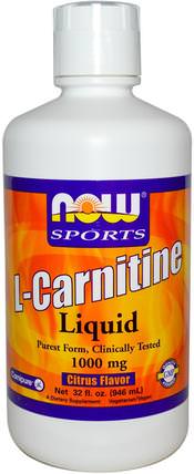 Sports, L-Carnitine Liquid, Citrus Flavor, 1000 mg, 32 fl oz (946 ml) by Now Foods, 補充劑，氨基酸，左旋肉鹼 HK 香港