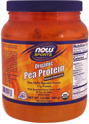 Sports, Organic Pea Protein, Natural Chocolate, 1.5 lbs (680 g) by Now Foods, 補充劑，蛋白質 HK 香港