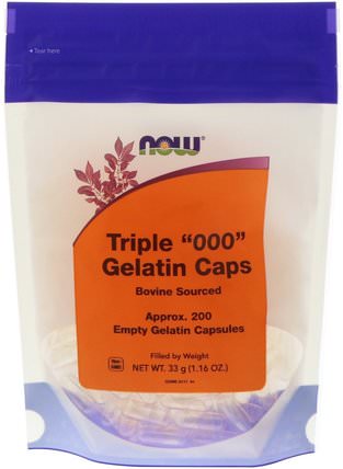 Triple 000 Gelatin Caps, 200 Empty Gelatin Capsules by Now Foods, 補充劑，空膠囊，空膠囊000 HK 香港