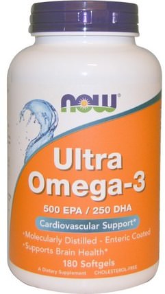 Ultra Omega-3, 500 EPA/250 DHA, 180 Softgels by Now Foods, 補充劑，efa歐米茄3 6 9（epa dha），魚油，魚油軟膠囊，歐米茄369粒/標籤 HK 香港