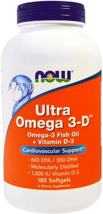Ultra Omega 3-D, 600 EPA/300 DHA, 180 Softgels by Now Foods, 補充劑，efa歐米茄3 6 9（epa dha），歐米茄369粒/標籤 HK 香港