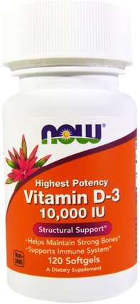 Vitamin D-3, 10.000 IU, 120 Softgels by Now Foods, 維生素，維生素D3 HK 香港