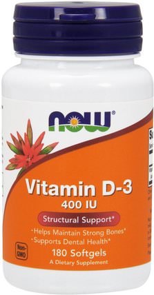 Vitamin D-3, 400 IU, 180 Softgels by Now Foods, 維生素，維生素D3 HK 香港