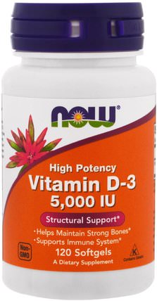 Vitamin D-3, High Potency, 5.000 IU, 120 Softgels by Now Foods, 維生素，維生素D3 HK 香港