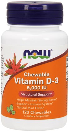 Vitamin D-3, Natural Mint Flavor, 5.000 IU, 120 Chewables by Now Foods, 維生素，維生素D3 HK 香港