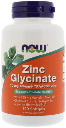 Zinc Glycinate, 120 Softgels by Now Foods, 補品，礦物質，鋅 HK 香港