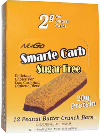 Smarte Carb Sugar Free, Peanut Butter Crunch Bars, 12 -1.76 oz (50 g) Bars by NuGo Nutrition, 運動，蛋白質棒 HK 香港