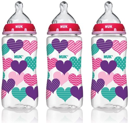 Bottle with Perfect Fit Nipple, 0+ Months, Medium, Hearts, 3 Wide-Neck Bottles, 10 oz (300 ml) Each by NUK, 兒童健康，兒童食品 HK 香港