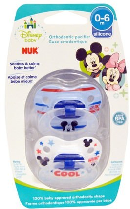 Disney Baby, Mickey Mouse Orthodontic Pacifier, 0-6 Months, 2 Pacifiers by NUK, 兒童健康，嬰兒，兒童，奶嘴 HK 香港