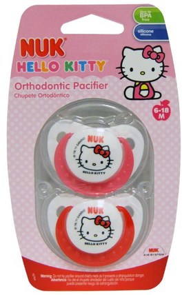Hello Kitty Orthodontic Pacifier, 6-18 Months, 2 Pacifiers by NUK, 兒童健康，嬰兒，兒童，奶嘴 HK 香港