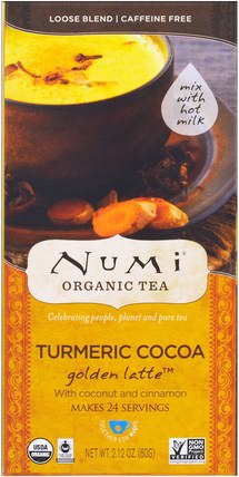 Organic Turmeric Cocoa, Golden Latte, Caffeine Free, 2.12 oz (60 g) by Numi Tea, 食物，涼茶，薑黃茶，補品，抗氧化劑，薑黃素 HK 香港