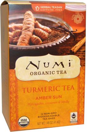 Organic Turmeric Tea, Amber Sun, Caffeine Free, 12 Tea Bags, 1.46 oz (41.4 g) by Numi Tea, 食物，涼茶，薑黃茶，補品，抗氧化劑，薑黃素 HK 香港