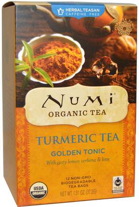 Organic Turmeric Tea, Golden Tonic, Caffeine Free, 12 Tea Bags, 1.31 oz (37.2 g) Each by Numi Tea, 食物，涼茶，薑黃茶，補品，抗氧化劑，薑黃素 HK 香港