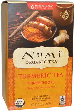 Organic Turmeric Tea, Three Roots, Caffeine Free, 12 Tea Bags, 1.42 oz (40.2 g) by Numi Tea, 食物，涼茶，薑黃茶，補品，抗氧化劑，薑黃素 HK 香港