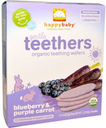 Gentle Teethers, Organic Teething Wafers, Blueberry & Purple Carrot, 12- (2 Packs), 0.14 oz (4 g) Each by Nurture (Happy Baby), 兒童健康，嬰兒餵養，出牙餅乾餅乾 HK 香港