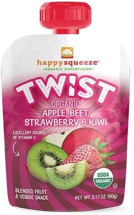 Happy Squeeze, Organic Superfoods, Twist, Organic Apple, Beet, Strawberry & Kiwi, 4 Pouches, 3.17 oz (90 g) Each by Nurture (Happy Baby), 兒童健康，嬰兒餵養，食物，兒童食品 HK 香港