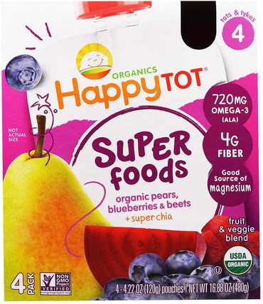 Happy Tot, Fruit & Veggie Blend, Organic Pears, Blueberries & Beets + Super Chia, Stage 4, 4 Pack - 4.22 oz (120 g) Each by Nurture (Happy Baby), 兒童健康，兒童食品 HK 香港