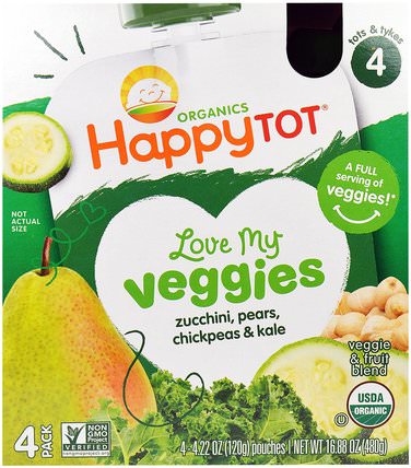 Happy Tot, Love My Veggies, Zucchini, Pears, Chickpeas & Kale, 4 Pouch, 4.22 oz (120 g) Each by Nurture (Happy Baby), 兒童健康，兒童食品 HK 香港