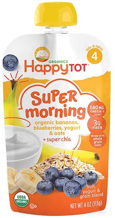 Happy Tot, Stage 4, Super Morning, Fruit, Yogurt & Grain Blend, Organic Bananas, Blueberries, Yogurt & Oats Plus Super Chia, 4 oz (113 g) by Nurture (Happy Baby), 兒童健康，兒童食品 HK 香港