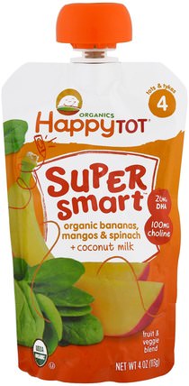 Happy Tot, Stage 4, Super Smart, Fruit and Veggie Blend, Organic Bananas, Mangos & Spinach, Coconut Milk, 4 oz (113 g) by Nurture (Happy Baby), 兒童健康，嬰兒餵養，食物 HK 香港