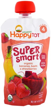 Happy Tot, Stage 4, Super Smart, Fruit & Veggie Blend, Organic Bananas, Beets & Strawberries, 4 oz (113 g) by Nurture (Happy Baby), 兒童健康，嬰兒餵養，食物 HK 香港