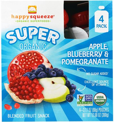 Happy Squeeze, Super Organic Apple Blueberry & Pomegranate, 4 Pouch, 3.17 oz (90 g) by Nurture (Happy Baby), 兒童健康，兒童食品 HK 香港