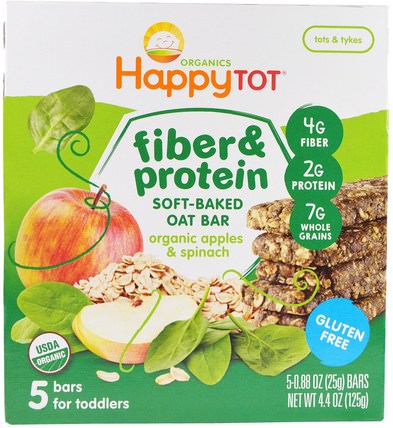 Happytot, Fiber & Protein Soft-Baked Oat Bar, Organic Apples & Spinach, 5 Bars, 0.88 oz (25 g) Each by Nurture (Happy Baby), 兒童健康，嬰兒餵養，嬰兒零食和手指食品，兒童食品 HK 香港